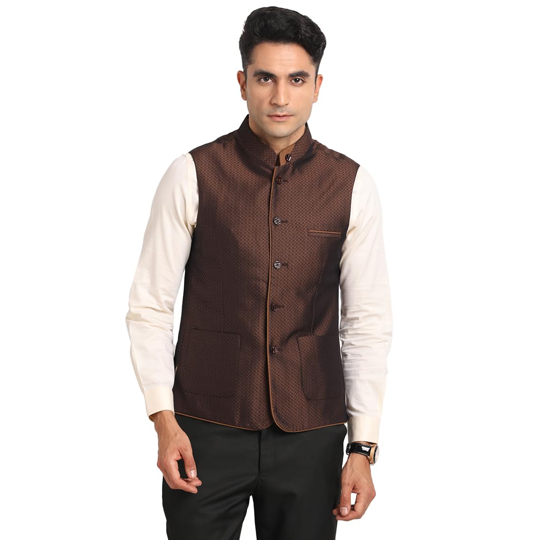 Men Terylene Rayon Brown Self Design Formal Nehru Jacket-image-36