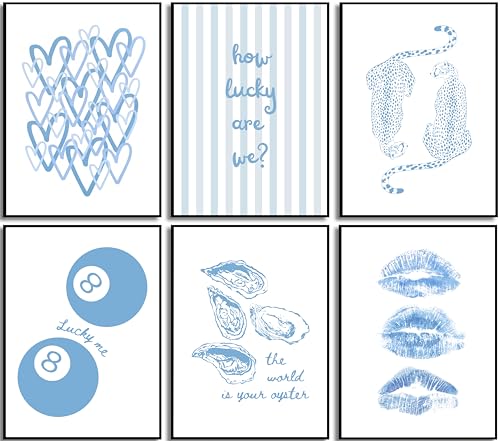 VHQXFQHU 6Pcs Blue Trendy Preppy Wall Art Light Blue Leopard Wall Decor Coastal Aesthetic Painting Pictures Cheetah Lucky 8 Ball Poster Funky Kiss Lips Artwork for Girls Bedroom Dorm 8x10 Unframed