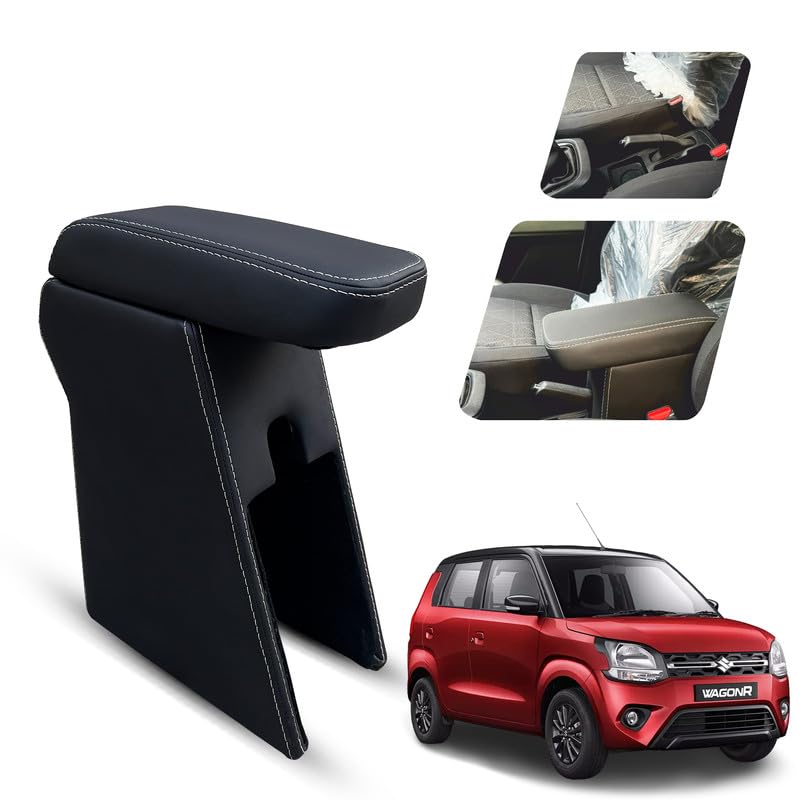 Image of Carigiri Premium Finish Car Armrest with Storage Box And High Density Moulded Foam For Maruti Suzuki WagonR (Models-2019-2024) (Black With White Double Stitching,Nappa Leatherette)
