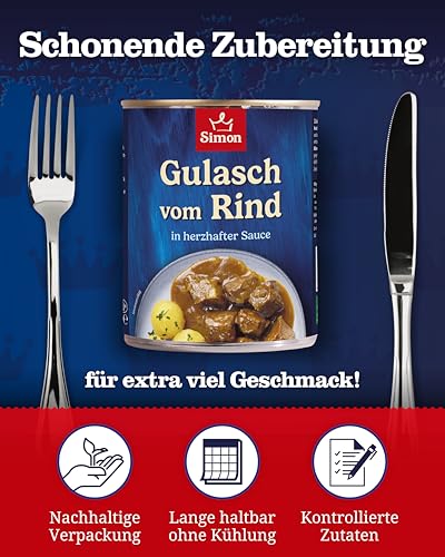 SIMON Delikatess Rindergulasch 800 g I Zartes Fleisch in herzhafter Sauce I Fertiggericht in recyclebarer Konserve I Authentische Hausmannskost