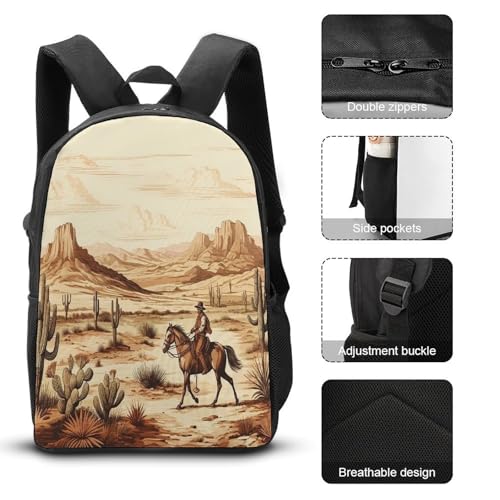 Printed Backpack With Lunch Pack Storage Box Case Cactus Cowboys Riding Horses 3pcs Lightweight Travel Backpack3