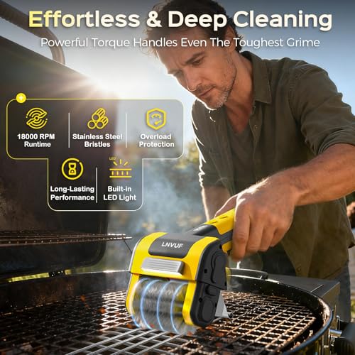 Electric Grill Brush, Grill Cleaner with LED Light, with 800 RPM Motor, Heavy Duty Grill Cleaning Tool (Yellow), Personalized Gift s for Dad — view 2