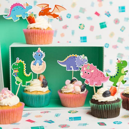 48 Pieces Dinosaur Cupcake Toppers Baby Cute Colorful Dinosaur Cupcake Picks for Kids Dino Theme Party Baby Shower Birthday Party Decoration Supplies