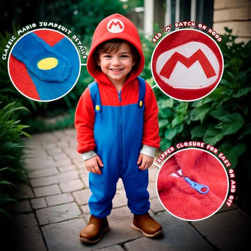 Nintendo Super Mario Brothers Boys Long Sleeve Onesie Zip Coverall with Hoodie Mario Cosplay Zip Up Onesie for Kids (Red and Blue Size 8) - image 2
