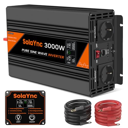 SolaYnc 3000W Inversor 12V 230V Onda sinusoidal Pura, inversor para automviles, con Pantalla LCD, Mando a Distancia, enchufes UE, Puerto USB, Apto para autocaravanas, Campers e instalaciones solares.