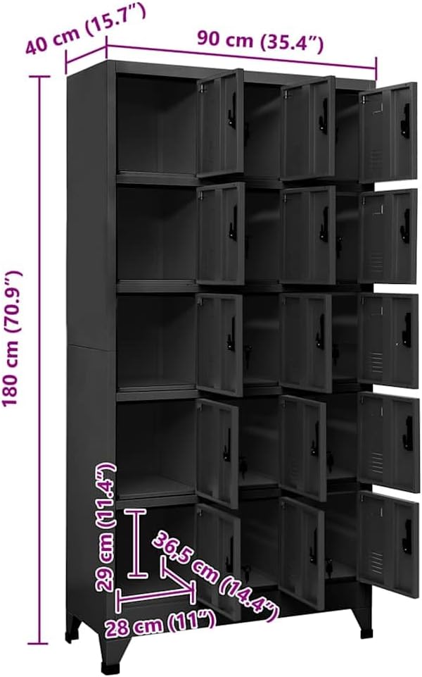 Anthracite Steel Locker Cabinet with 15 Lockable Doors, Storage Locker Cabinet for Efficient Organization, 35.4 x 15.7 x 70.9 Inch Dimensions