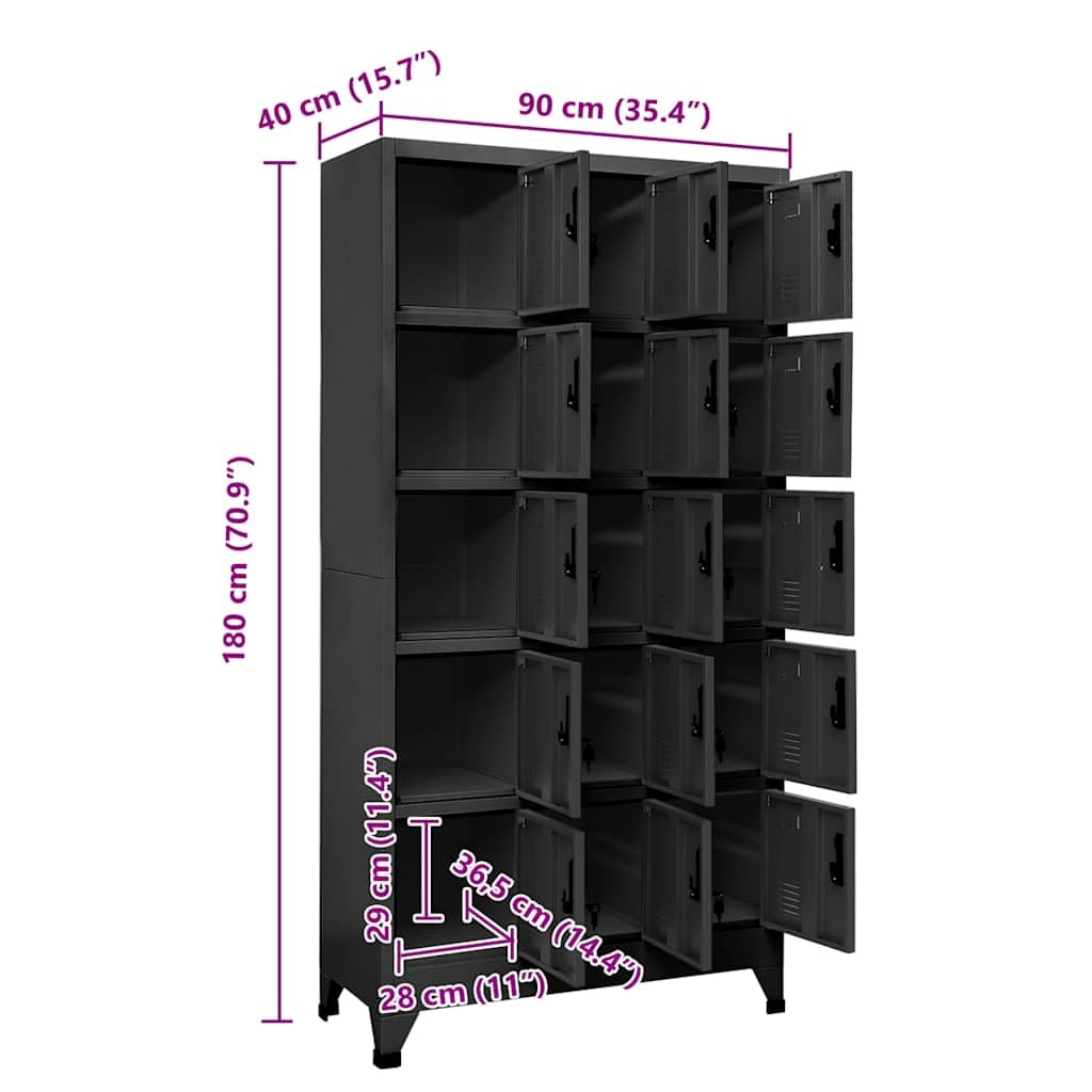 Schließfachschrank Anthrazit 15 Fächer, Metallschrank aus Stahl 90x40x180 cm, Stabiler Spind für Büro, Schule und Fitnessstudio, Wertfachschrank mit Lüftungsschlitzen
