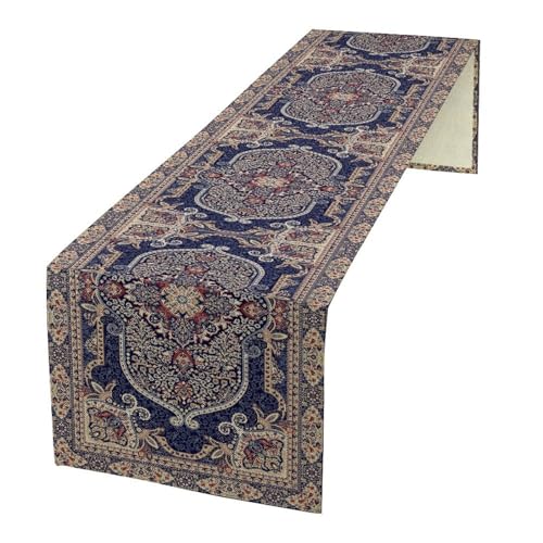 Vintage Boho Floral Table Runner, French Rustic Country Farmhouse Purple Golden Bohemia Flower Pattern for Home Kitchen Table Decor Dining Coffee Room Party Decor 13x36in