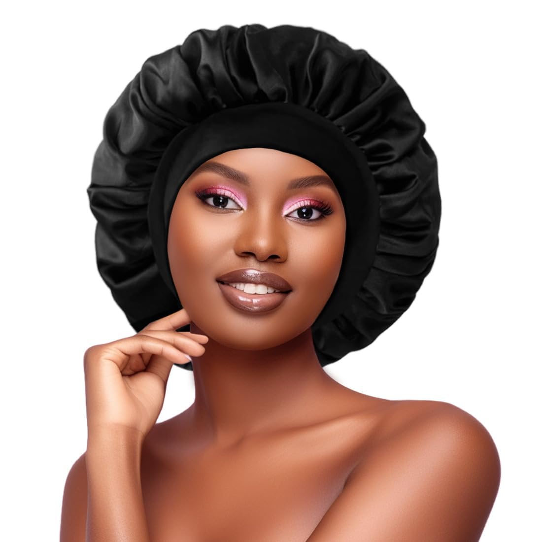 KEPUWAY Satin Silk Bonnet for Sleeping, Silk Hair Bonnets for Sleeping Women, Black Widesoft Band Satin Sleep Cap Hair Wrap for Curly Hair showercap