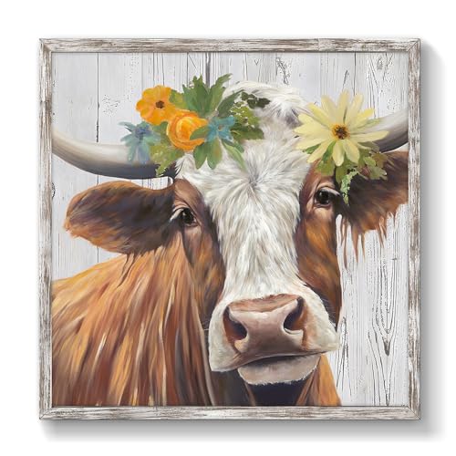 Rustic Country Wooden Wall Art: Farmhouse Brown Cow Picture Framed Artwork Painting for Living Room Bedroom Bathroom Office