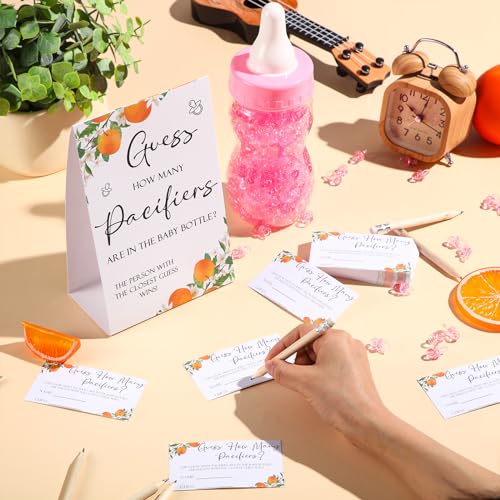 Image of Roowest 512 Pcs Baby Shower Games Guess How Many Pacifiers Sign 100 Small Guessing Games 10 HB Pencils 750ml Milk Bottle 400 Acrylic Pacifiers Decoration for Guest Gender Reveal(Pink,Orange)