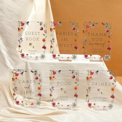 Image of Vercraft 6 Pcs Wildflowers Baby in Bloom Table Decorations | 5 x 7 inch Baby in Bloom Acrylic Signs, Wildflower Baby Shower Decorations, Birthday Guest Gift Decor, Please Take One Sign