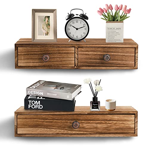 Yesland 2 Pack Floating Nightstand with Drawer - Rustic Wood Floating Wall Mounted Drawers Floating Shelf with Drawer for Living Room, Bedroom, Storage, Display - Yellowish Brown