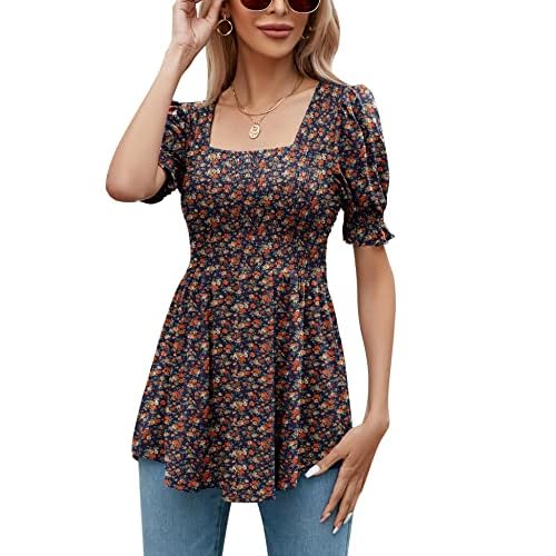 LOMON Women's Tunics Square Neck Puff Short Sleeve Smocked Top Ladies Peplum Blouse Tee Shirts 2025 Spring Summer S-XL Navy Blue Floral Short Sleeve Tops Large
