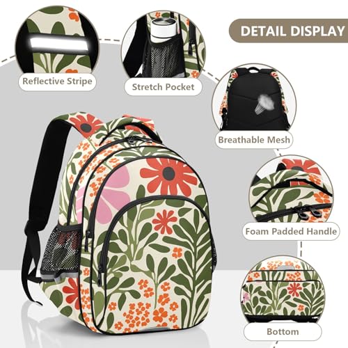 Midcentury Floral Beige Kids Backpack for Primary School Boys Girls Daypack Elementary Bookbag Travel Backpacks4
