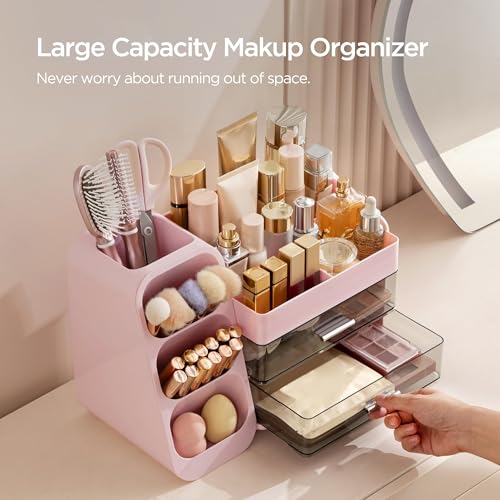 Image of HBlife Makeup Organizer with Brush Holder for Vanity, Large Plastic Bathroom Countertop Organizer Skin Care Storage, Easy to Store Lipsticks, Nail Polishes, Perfumes, Eyeshadow Palettes, Pink