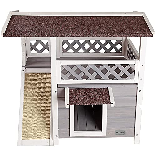 Petsfit Cat House for Outdoor Cats Weatherproof with Scratching Pad and Escape Door, Outside Feral Cat Shelter for 1-2 Cats