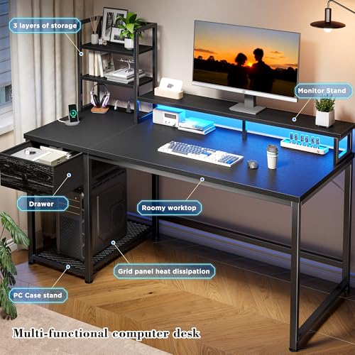 Image of 44 Inch Gaming Desk with Hutch and Drawers,Reversible Computer Desk with Monitor Shelf,Home Office Desks with USB Power Outlets and Storage,Pc Small Gaming Desk for Office with LED Lights,Black