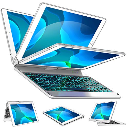 Keyboard Case for 8th Generation (2020 10.2 inch), 7th Generation, Air 3, Pro 10.5 Compatible - 7 Color Backlit - 360 Rotatable/7 Modes - Slim Wireless Keyboard with Folio Hard Back Cover, Silver