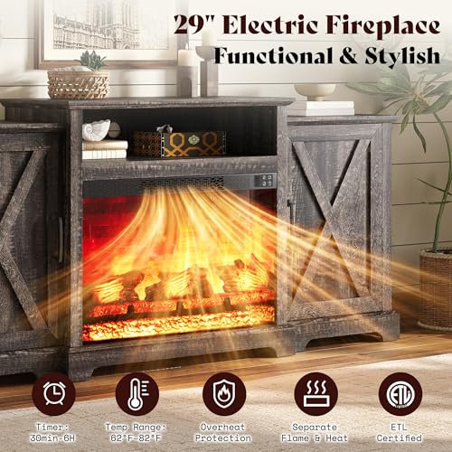 Image of AMERLIFE 70 inch Farmhouse Fireplace TV Stand for TVs up to 80 inch, Entertainment Center with 29 inch Electric Fireplace, Media Console with Storage Cabinets & Adjustable Shelf, Rustic Black