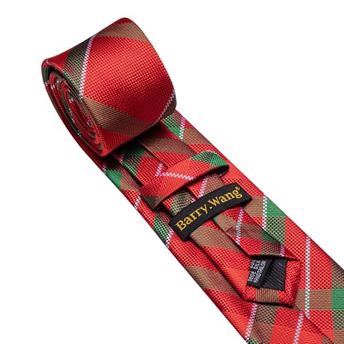 Image of Barry.Wang Plaid Ties Check Mens Necktie Set with Handkerchief Cufflinks Classic Stripe