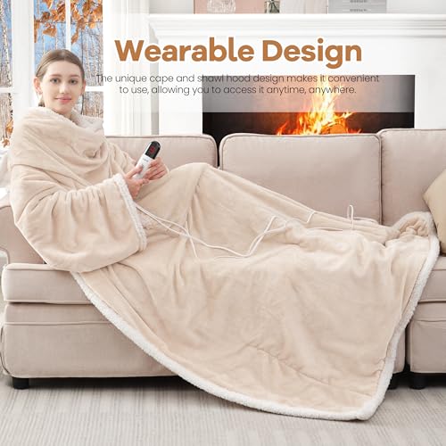 Image of Wearable Electric Blanket with Foot Pocket and Sleeves, Heating Throw Blanket, 6 Heating Levels & Auto Shut Off, Machine Washable (Long, Beige)