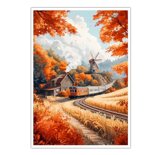 Art mural paysage train d'automne pour salon et décoration de maison de ferme