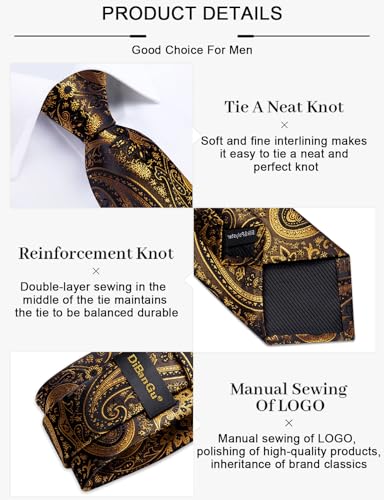 Image of DiBanGu Paisley Ties for Men Silk Necktie and Pocket Square Cufflinks Tie Clip Set Woven Classic Mens Tie for Wedding Party