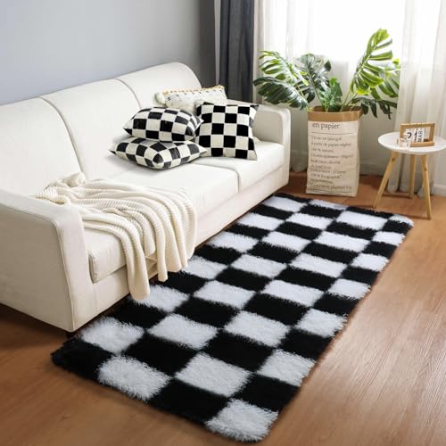 Image of KICMOR Fluffy Soft Runner Rug for Bedroom Living Room, 2x6 Black and White Checkered Rugs Fuzzy Plush Shaggy Bedside Carpet, Non Slip Long Rug for Kids Girls Boys Room Nursery Home Decor Aesthetic