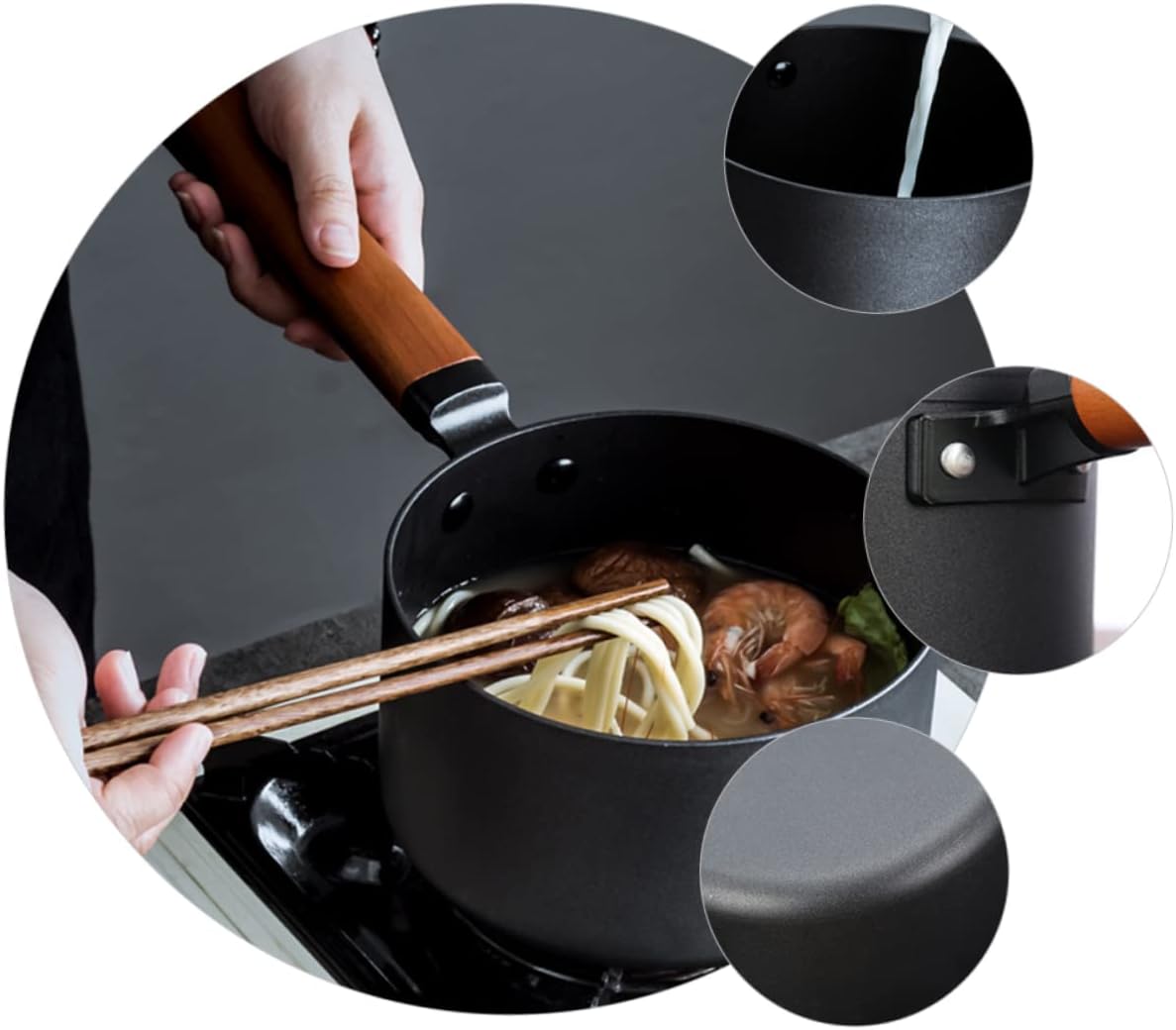 Non-Stick Sauce Pan Wooden Handle Universal Frying Pan for Gas and Induction Cooktops Sturdy Iron Kitchen Cookware for Cooking Milk Sauces and Butter