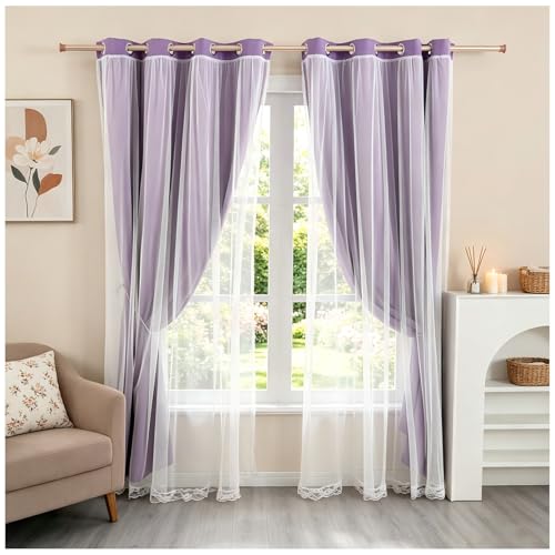 Image of 2 Panels Purple Blackout Curtains 52x84 Inches- Double Layer Lace Grommet for Bedroom, Nursery, Kids Room