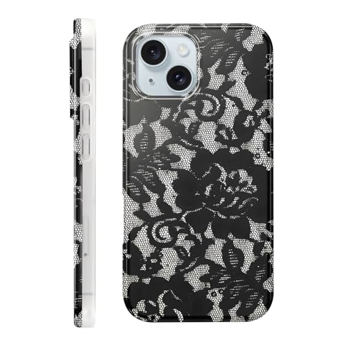 Coque antichoc iPhone 15 avec motif floral en dentelle fine pour une protection souple et durable