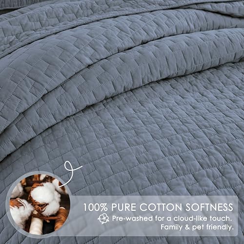 Image of palassio Blue Grey 100% Cotton Quilt Queen Size Bedding Sets with 2 Pillow Shams, Textured Lightweight Soft Bedspread Shabby Chic Coverlet, Quilted Comforter Bed Cover for All Season, 3 Pieces
