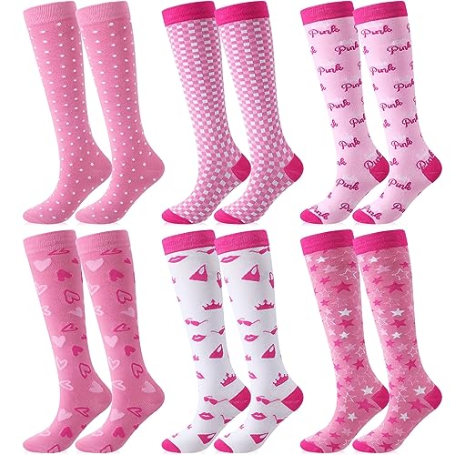 Chuarry 6 Pairs Pink Knee High Socks for Women Girls Cute Athletic Long Calf Tube Socks for Birthday Coquette Preppy Gifts