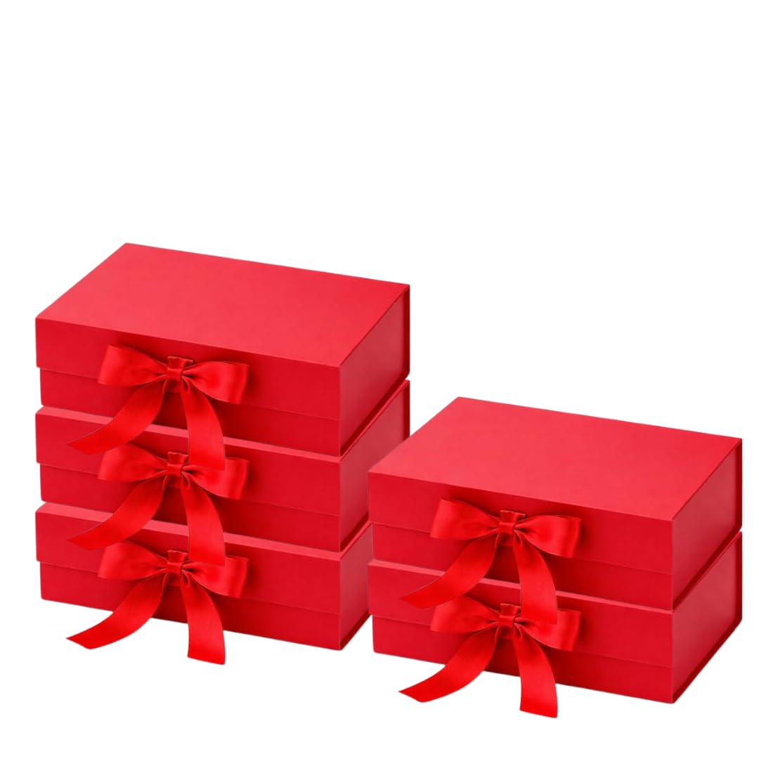 Trendi Premium Gift Box 21×21×9 cm with Bow Ribbon – Medium Luxury Folding Gift Box with Magnetic Closure | Reusable Elegant Present Box for Weddings, Birthdays & Holidays (Red, Medium, Set of 5)