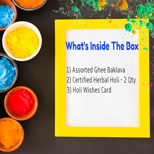 Image of ASHA SWEETS Holi Celebration Combo Pack with Premium Baklava (250gm), 2 x Organic Gulal & Wish Card Set for Gifting & Celebration|Premium Holi Festive Gift Box for Family & Friends