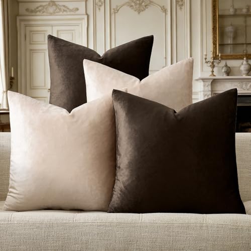 GIGIZAZA Pillow Covers 18x18 Set of 4,Brown Champagne Velvet Soft Pillow Covers Decorative Square Modern Pillows Cushion Cases for Living Room