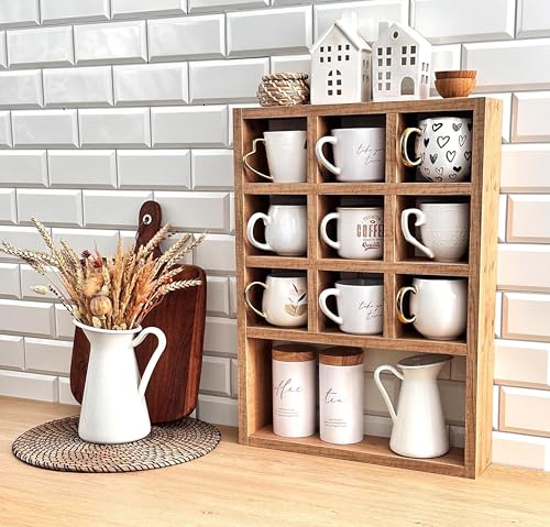 Image of Hamdan Collection Wall Mounted Mug Shelf - Coffee Cup Storage - Kitchen Wall Rack - Floating Cup Organizer - Rustic Coffee Bar Shelf (10 Compartment)