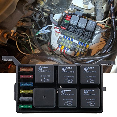 iztor 6 Way Blade Fuse Holder Box,12-Slot Relay Box with Spade Terminals and fuses,6PCS 4Pin 12V 40A relays for car Truck Trailer and Boat