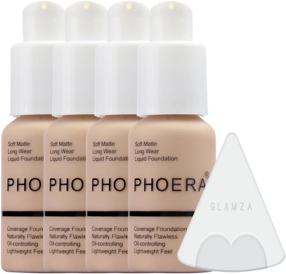 Phoera Foundation Full Coverage Makeup Set - 24hr Long Lasting Oil Control - Soft Smooth Matte Flawless Concealer Cream - Inc x4 30ml Foundation & Silicone Blender Sponge (102 Nude)