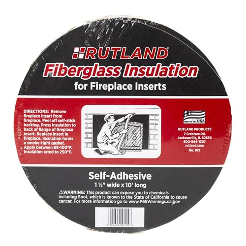 Image of Rutland Fireplace Insert Insulation Fiberglass Strip, Self-Adhesive 1-1 /2 inch x 10' Roll, White-Yellow High Temperature Fiberglass Gasketing for Sealing Insert Flange & Masonry Walls