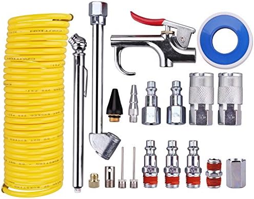 WYNNsky Air Compressor Kit, 1/4 Inch NPT Air Tool Kit with 1/4 Inch x 25Ft Coil Nylon Hose / Tire Gauge - 20 Pieces