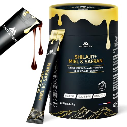 MOVEZEN Shilajit+ Miel & Safran Bio, Résine Authentique 100% Pure de l’Himalaya, Énergie Durable, Vitalité, Concentration, 30 Sticks de 8 g, Riche en Acide Fulvique & Humique, 85+ Minéraux