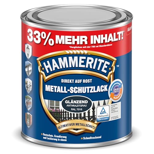 Hammerite Metallschutzlack Glänzend, 3in1- Rostschutz, Anthrazitgrau RAL7016, 1 L