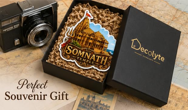 Image of Somnath Temple Theme Wooden Fridge Magnet Souvenir | 3x3 in Kitchen Home Decor Gift