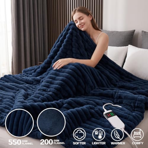 Image of Heated Blanket Electric Throw 50″x60 ″Inch - Thick Striped Flannel Electric Blanket,10 Heating Levels, 1-12 Hours Auto Off, Fast Heating Heating Blanket with Overheat Protection.