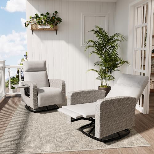 RTDTD Outdoor Recliner Chair Set of 2,Reclining Patio Chair with Adjustable Back and Extended Footrest,All-Weather Grey Wicker 360° Swivel Chairs with Flip-up Table for Pool Deck Balcony