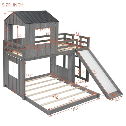 Image of Bellemave Bunk beds Twin Over Full with Slide,Ladders,House roof Design, Kids bunk /loft Bed for Kids,Antique Gray