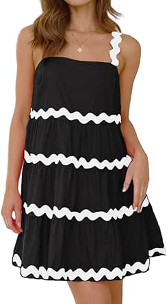 Amazon.com: Fuimsul Women Rickrack Trim Flowy Mini Dress Sleeveless ...