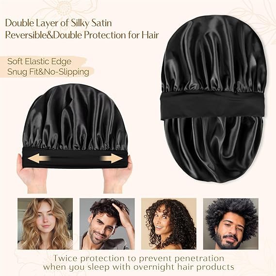 Image of Satin Bonnet for Hair, Adjustable Silky Hair Cap for Sleeping, Bonnet for Curly Hair with Soft Jersey Fabric Band, Stylish and Comfy Satin Hair Bonnet For Men and Women (Black)